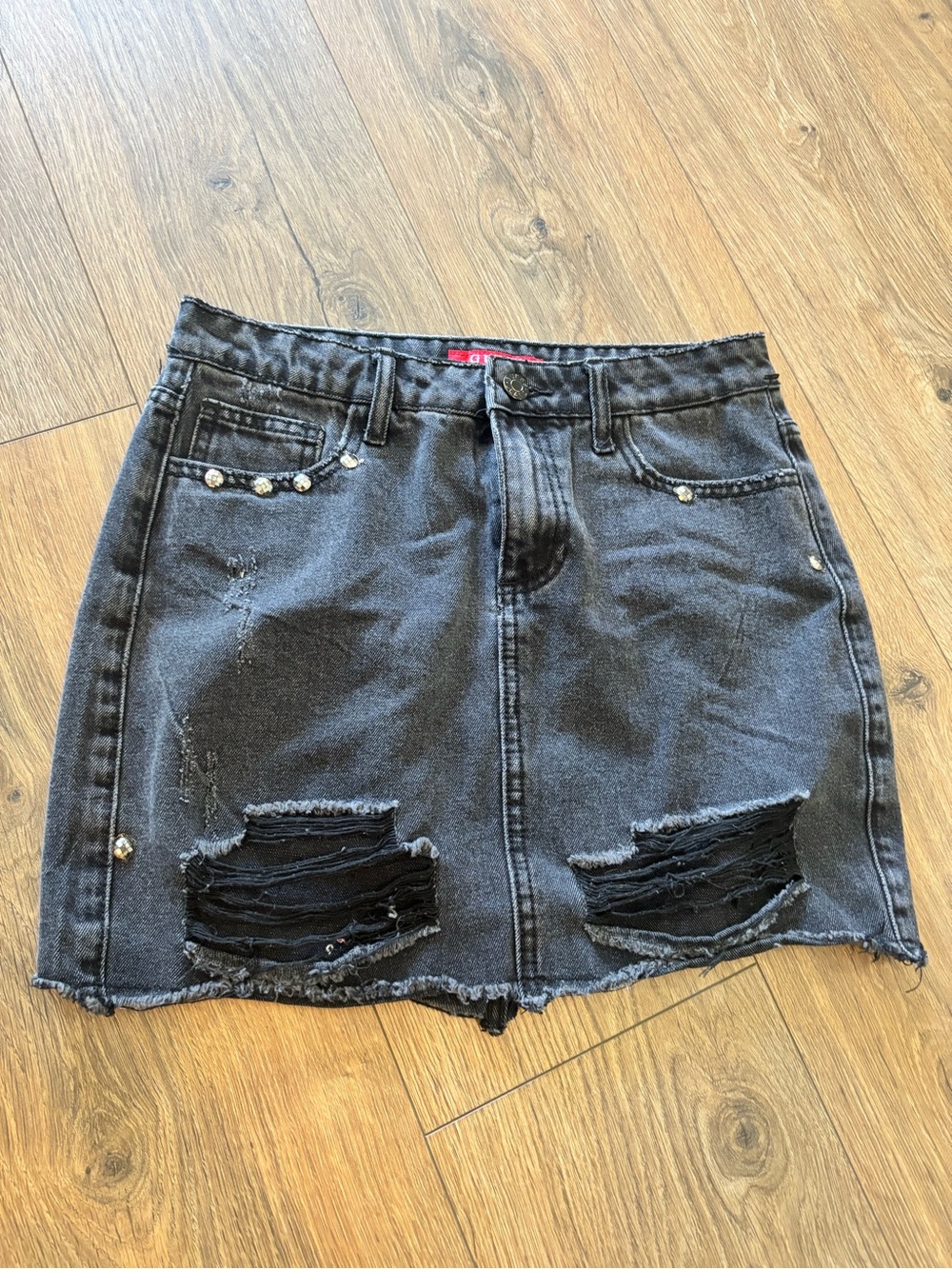 Vintage 90s Guess Stretch Mini Skirt Black Jean Distressed Womens Size XS